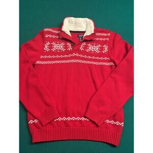 Vintage Ralph Lauren Hand Knit Button Neck Sweater Red Nordic Snowflake